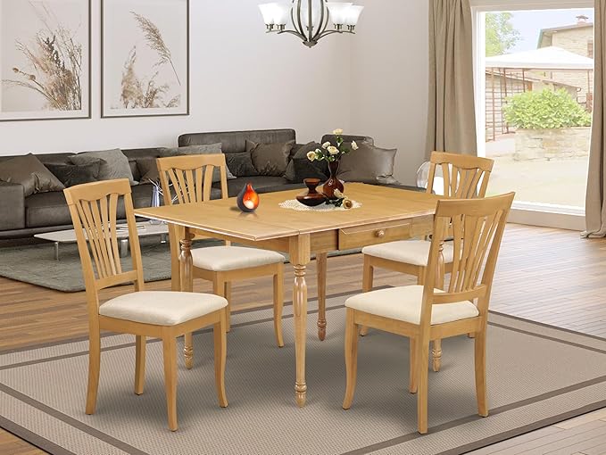 East West Furniture MZAV5-OAK-C 5 Piece Dinette Set for 4 Includes a Rectangle Dining Room Table with Dropleaf and 4 Linen Fabric Kitchen Dining Chairs, 36x54 Inch, Oak