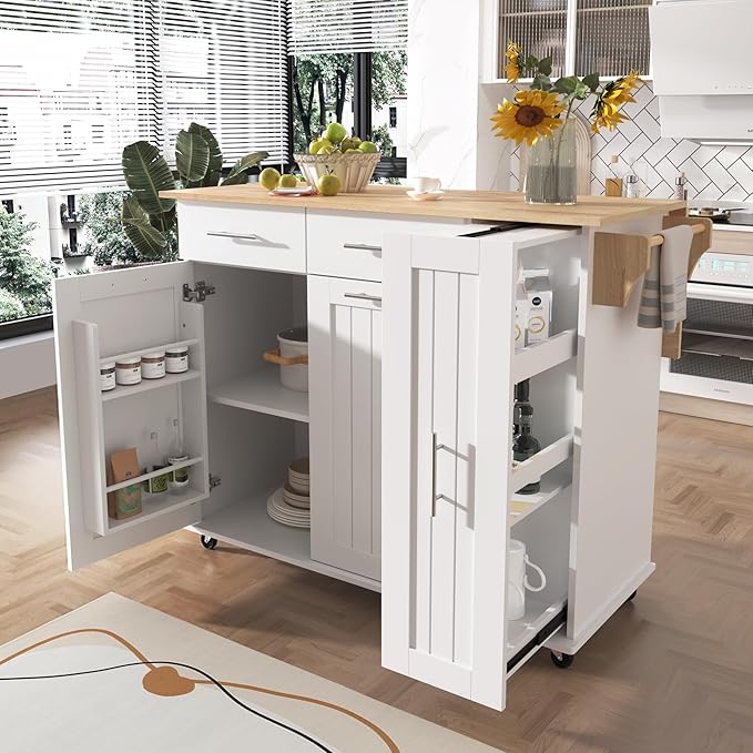 46" Kitchen Island with Drop Leaf,Kitchen Storage Cart W/ 3 Tier Pull Out Cabinet Organizer & Internal Storage Rack,Rolling Kitchen Cart on Wheels W/Towel Rack & 2 Drawers,for Kitchen,White