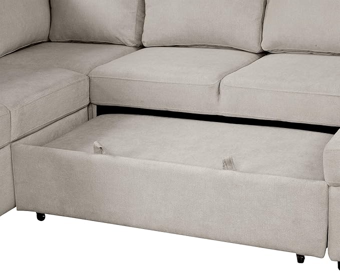 109" U-shaped Sectional Pull-out Sofa Bed with Storage Chaise,2-in-1 Convertible Couch W/ 4 Back Pillow & 2 USB Ports,Luxurious Sleeper Furniture Set for Living Room Large Space,Beige Chenille