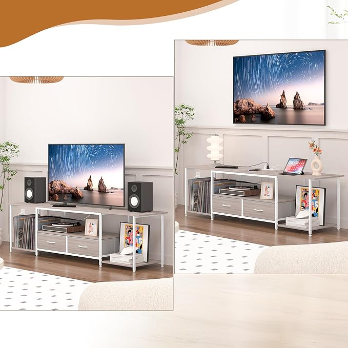 TQVAI 70 Inch TV Stand - Farmhouse Entertainment Center with Fabric Drawers Storage & Charging Station, Media Console Table for Bedroom, Living Room, Retro Grey/White