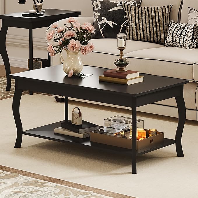 ChooChoo Coffee Table, Modern Center Table with Curved Legs and Storage Shelf, 39" Coffee Table for Living Room, Black