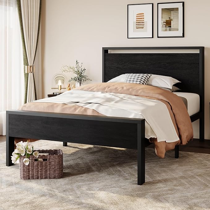 SHA CERLIN 14 Inch Twin Size Metal Platform Bed Frame with Wooden Headboard and Footboard, Mattress Foundation, No Box Spring Needed, Large Under Bed Storage, Heavy Duty Slats Support, Black Oak