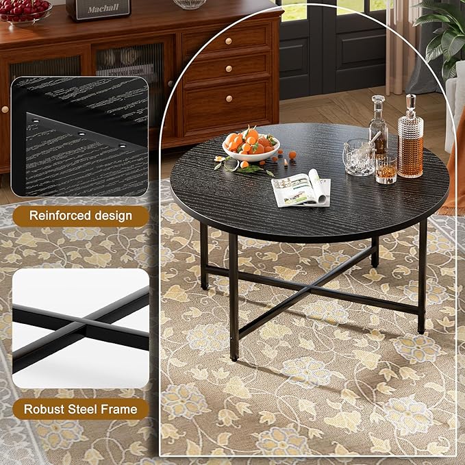 Round Coffee Table, Modern Design Living Room Tables for Indoor & Outdoor, Black Coffee Table for Family & Office Use, Outdoor Coffee Table Round, Large Black (31.5" D x 17.7" H)