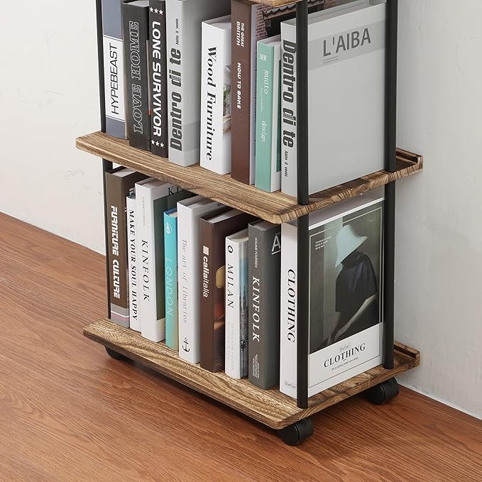 GETALL Tall Bookshelf with Wheels, 6 Tier Solid Wood Bookcase for Small Spaces, Corner Bookshelf Storage Organizer for CDs, Movies, Narrow Movable Shelfing Unit for Bedroom, Living Room