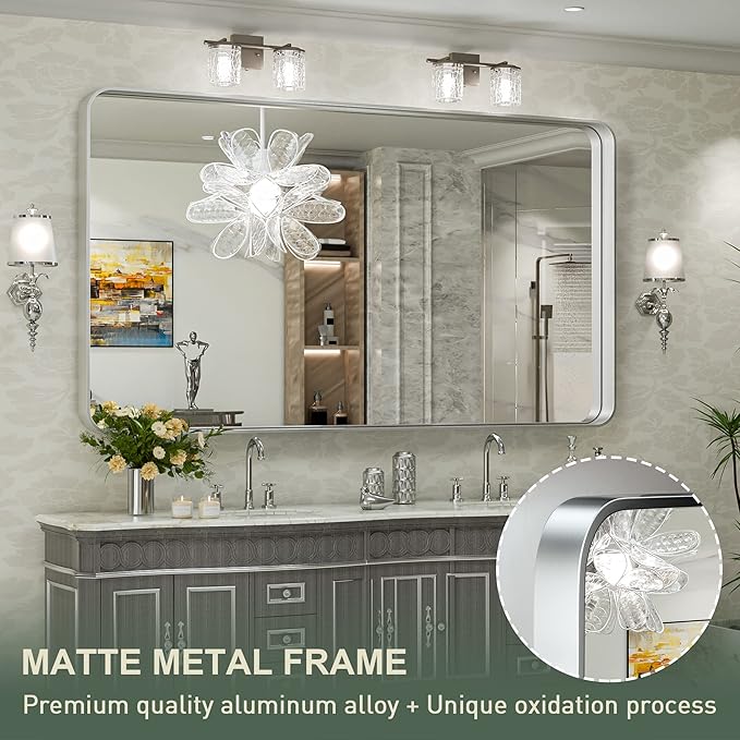 TokeShimi 55 x 36 Inch Brushed Silver Mirror Wall Mirror for Bathroom Black Metal Frame Decorative Rectangular Wall Mounted Home Decor Corner Hangs (Horizontal/Vertical)