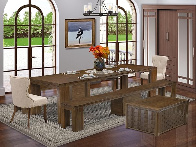 X02SI-2C8-04 - 6 pc Modern Dining Set contains an Extendable Rectangle Kitchen Table, 1 Coffee Table, 2 Dining Chairs and 2 Modern Benches, 39x120 Inch, Antique Walnut