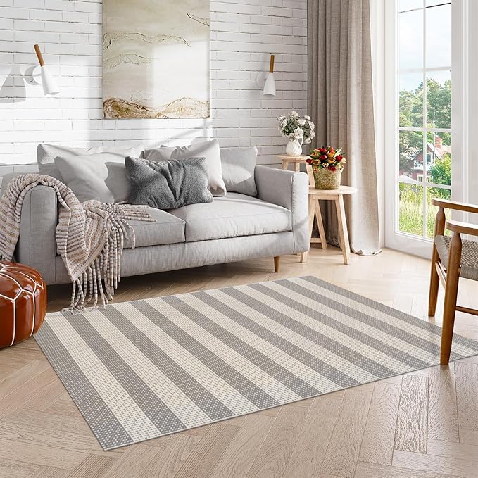 OJIA Outdoor Area Rug 4'x6' Striped Patio Rugs Washable Woven Cotton Indoor Outdoor Rug Living Room Rug Checkered Rug Floor Carpet for Living Room/Dining Room/Deck/Backyard (Gray/White/Tan)