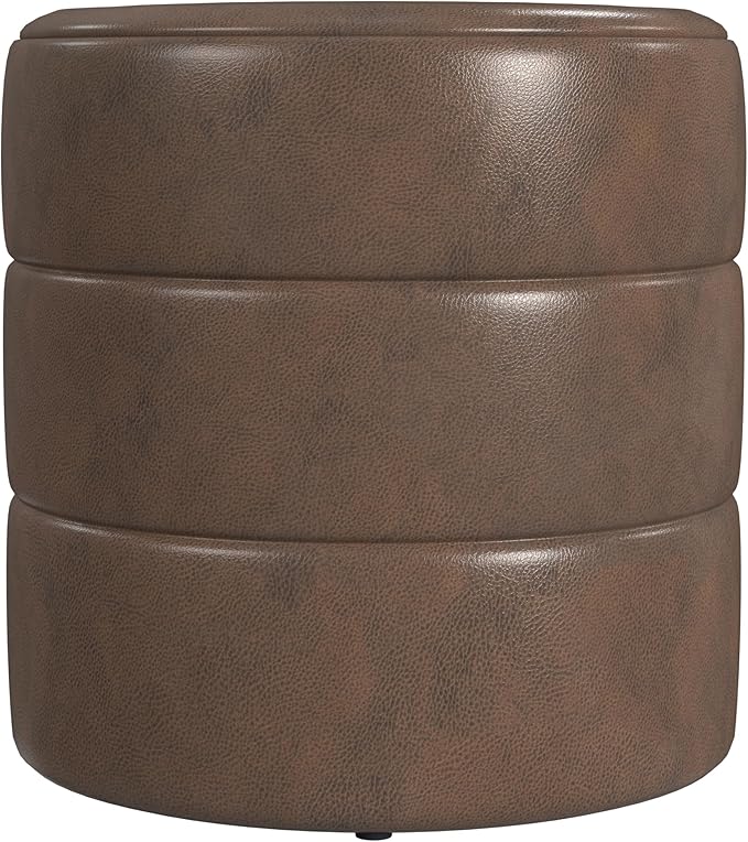HomePop Upholstered Faux Leather Round Ottoman (No Lid, Seat Only) Home Décor | Round Pouf Foot Rest – Brown Faux Leather