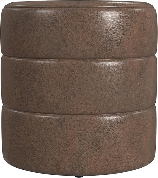 HomePop Upholstered Faux Leather Round Ottoman (No Lid, Seat Only) Home Décor | Round Pouf Foot Rest – Brown Faux Leather