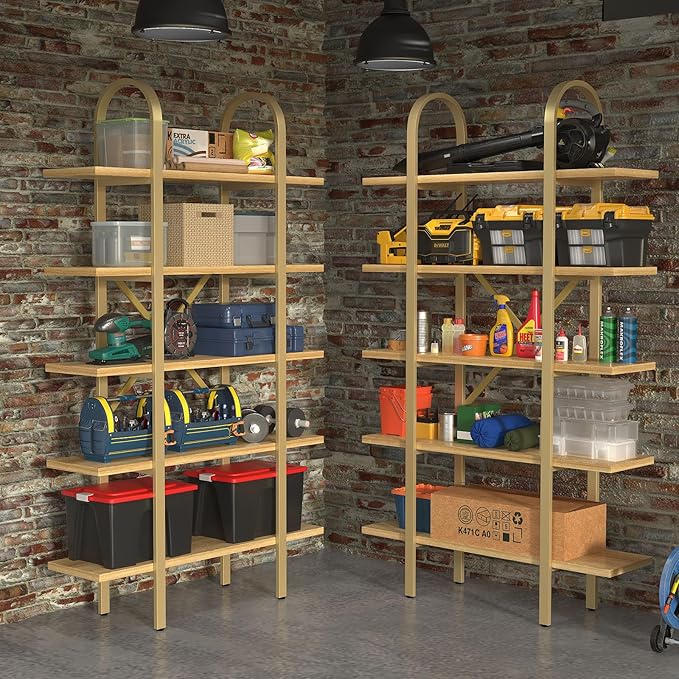 Wide Bookshelf Arched Bookcase, Industrial 5 Tier 72" Tall Freestanding Heavy Duty Display Rack for Home Office, Living Room,Nature Wood & Gold,Easy Assembly
