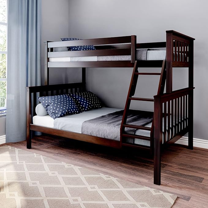 Max & Lily Bunk Bed Twin Over Full Size with Ladder, Solid Wood Platform Bed Frame with Ladder for Kids, 14" Safety Guardrails, Easy Assembly, No Box Spring Needed, Espresso