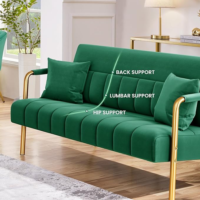 Yaheetech 56.5" W Modern Sofa Small Sofa Luxurious Velvet Fabric Couch with Gold-Tone Metal Arms and Legs for Living Room, Home Office, Studio Green