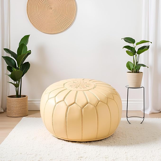 Stuffed Round Design Moroccan Leather Pouf Ottoman, Handmade, Pre-Filled, 100% Genuine Leather, 13” Height x 20” Diameter, Footstool & Living Room Décor (Cream)
