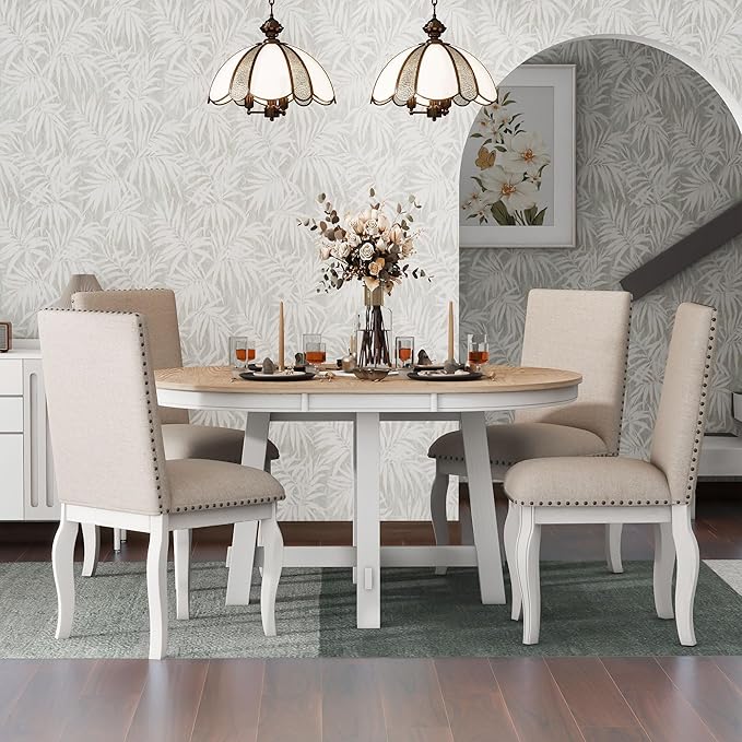 5 Pieces Dining Table Set with 43" Round Extendable Desk,Living Room Furniture W/ 4 Upholstered Curved Legs Chairs,for Restaurant,Home Bistro,Oak Natural Wood+Antique White