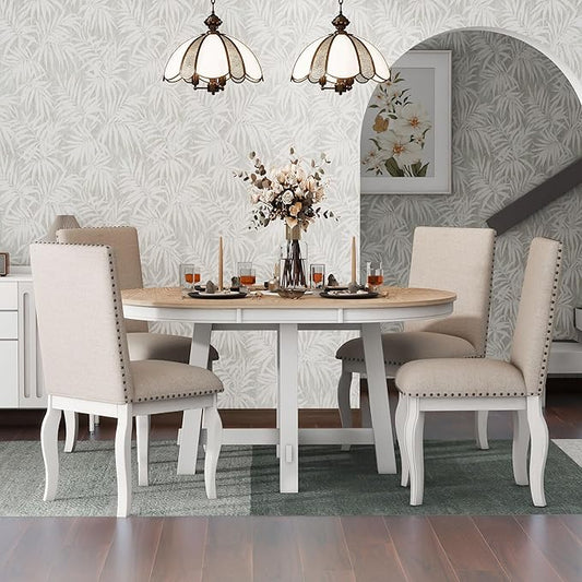 Merax 5-Piece Farmhouse Dining Furniture Set, Wooden Round Extendable Table, and 4 Upholstered Chairs, Antique White