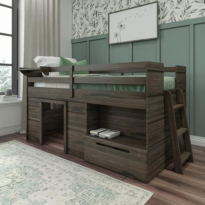 Max & Lily Loft Bed Twin Size, Solid Wood Low Loft Bed with Storage Drawer and Ladder, Modern Farmhouse Loft Bed for Kids, Barnwood Brown