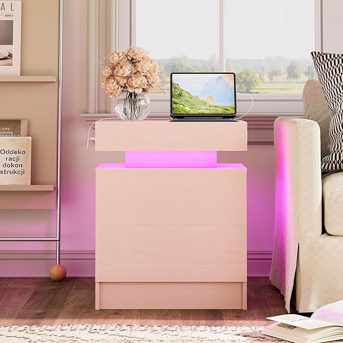 LIKIMIO Night Stand with Charging Station, Modern Pink Nightstand with LED Light and Drawers, Bedside Tables/End Table for Bedroom