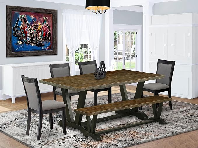 East West Furniture V677MZ650-6 6 Piece Dining Set Contains a Rectangle Dining Room Table with V-Legs and 4 Dark Gotham Grey Linen Fabric Parson Chairs with a Bench, 40x72 Inch, Multi-Color