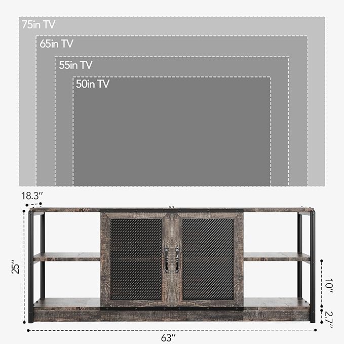 GarveeHome Farmhouse TV Stand for 65/75 inch TV, Entertainment Center with Storage Cabinet, Industrial TV Console Cabinet with Mesh Doors, 63" Rustic TV Media Console Table for Living Room, Oak