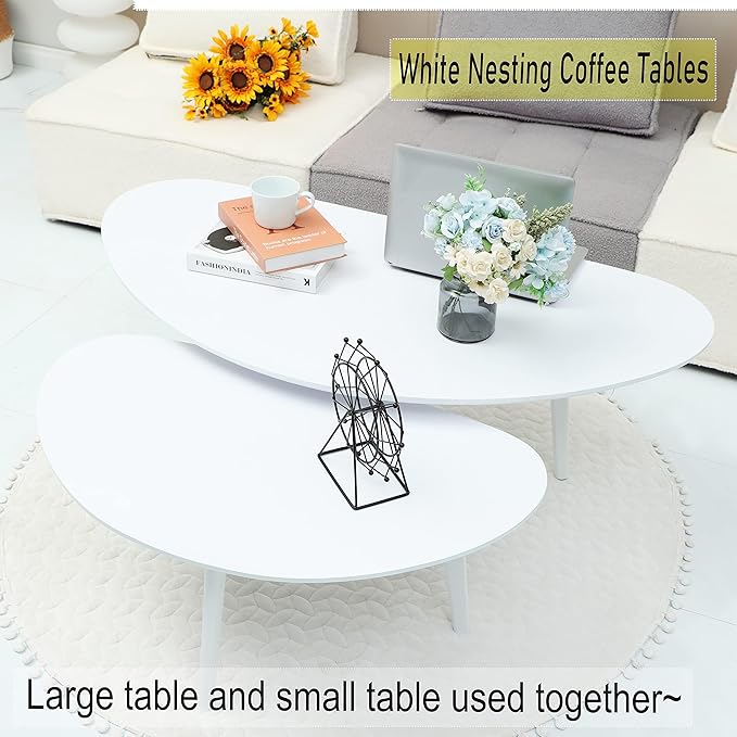 FIRMINANA Small White Oval Coffee Table for Small Space,Simple Modern Table for Apartment or Livingroom Corner,White,18.9" D x 33.47" W x 15.75" H