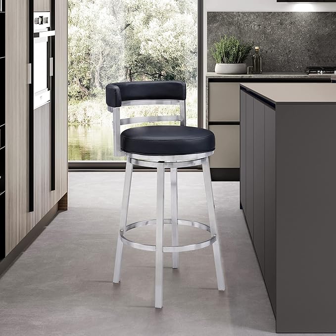 Armen Living Titana 30" Bar Height Swivel Black Faux Leather and Brushed Stainless Steel Bar Stool