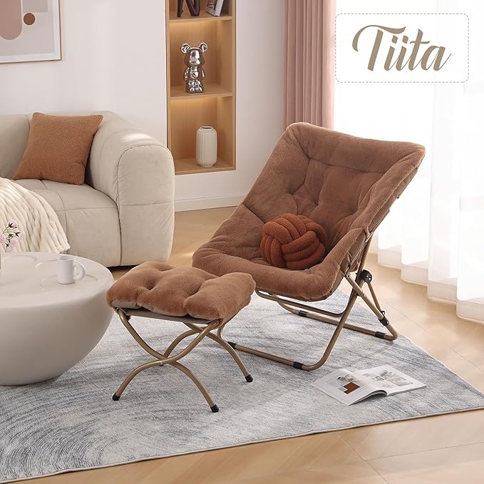 Tiita FoldedChair with Ottoman, Soft Faux Fur Oversized Folding Accent Chair,Lounge Lazy Chair, Metal Frame Moon Chair for Bedroom, Living Room, Dorm Rooms, Garden and Courtyard