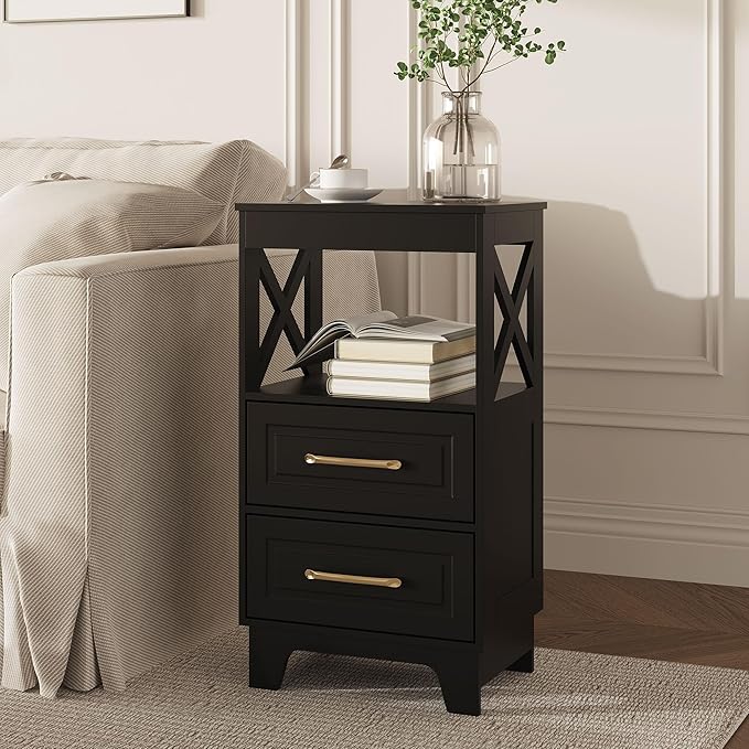 Tall Nightstand Set of 2 Side Table with 2 Drawers Modern Night Stand Wooden End Table Bedside Table with Upper Open Shelf Solid Feet for Bedroom, Living Room, Black