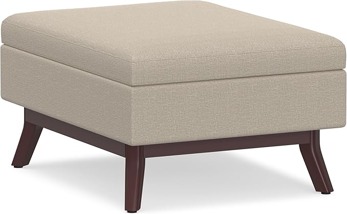 SIMPLIHOME Owen 34 inch Wide Mid Century Modern Rectangle Coffee Table Storage Ottoman in Natural Linen Look Fabric, Assembled, for the Living Room, Entryway and Family Room
