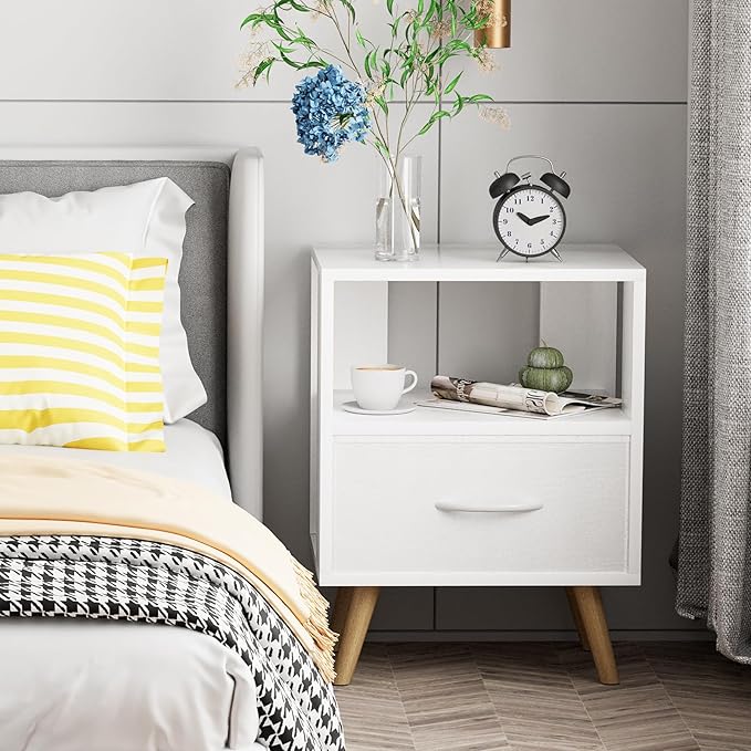 Night Stand, White Kids Nightstand with Drawer, Nursery Side Table with Open Storage, 2-Tier Modern End Table, Bedside Table for Small Space, Living Room, Bedroom