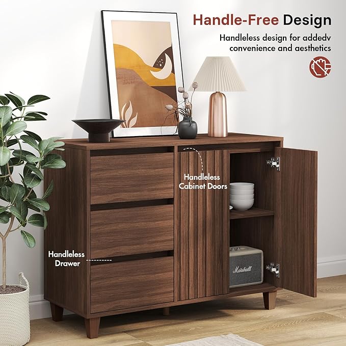 Redkey Fluted Sideboard Cabinet - Mid Century Modern Sideboard Buffet Cabinet with 3 Drawers - Buffet Table with Handle-Less Design for Kitchen Bedroom Dining/Living Room - Walnut