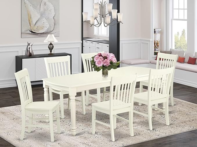East West Furniture DONO7-LWH-W 7 Piece Dining Set Consist of a Rectangle Dining Room Table with Butterfly Leaf and 6 Wood Seat Chairs, 42x78 Inch, Linen White