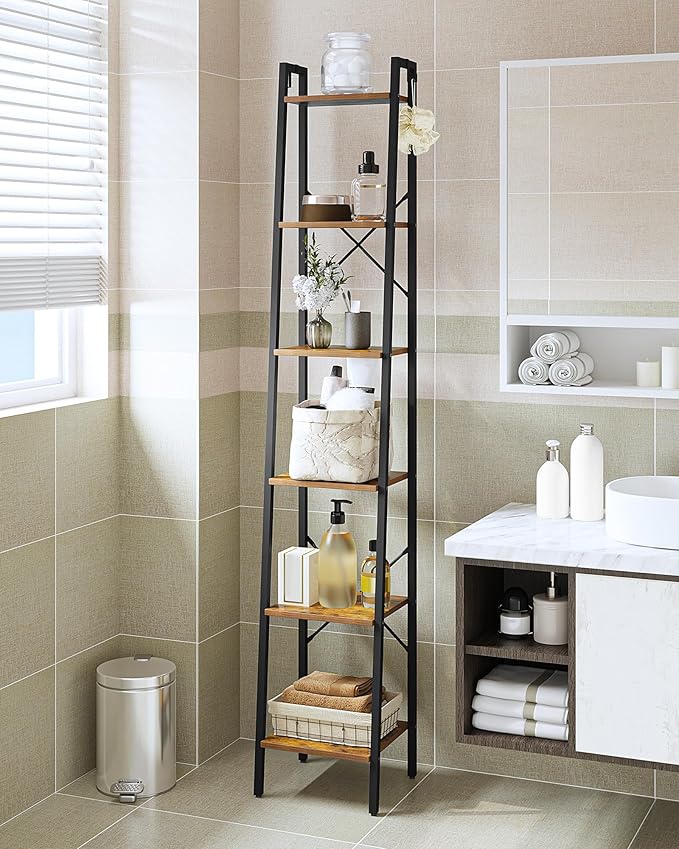 Ladder Shelf, Bookshelf Bookcase, Freestanding Corner Storage Shelve with 2 Hooks for Home Office, Living Room, Kitchen, Bedroom, Industrial, 6-Tier Rustic Brown BC13301B