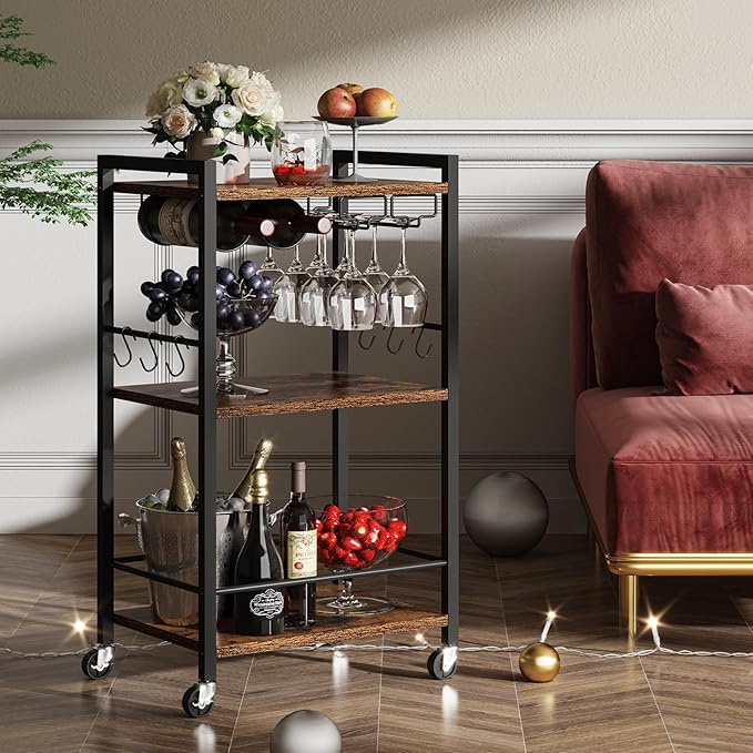 TUTOTAK Bar Cart, Home Bar Serving Cart with 3-Tier Shelf, Drink Cart with Wine Rack, Glass Holder, Rolling bar carts for The Home, Living Room, Brown BC01BB035
