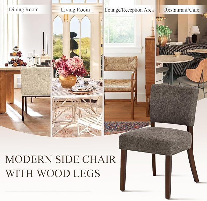 COLAMY Mid Century Modern Dining Chairs Set of 4, Upholstered Kitchen Chairs with Back, Farmhouse Fabric Side Dining Room Chairs with Wood Legs for Dining Room Kitchen Restaurant, Brown