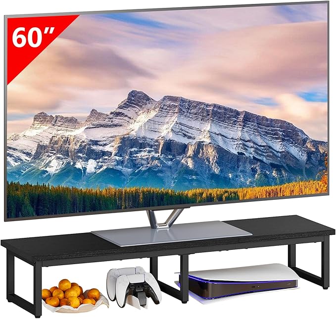 Clikuutory 45" Large TV Riser for 32-60 inch TVs, Tabletop Stand with Steel Legs, Storage & Dual - Screen Office Desk Function, Ideal for Home Office, Bedroom, Living Room, Black
