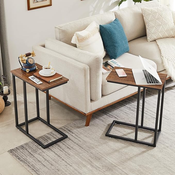VECELO C Shaped End Side Table for Sofa Couch and Bed Snack TV Tray for Living Room Bedroom, 2 Set, Brown