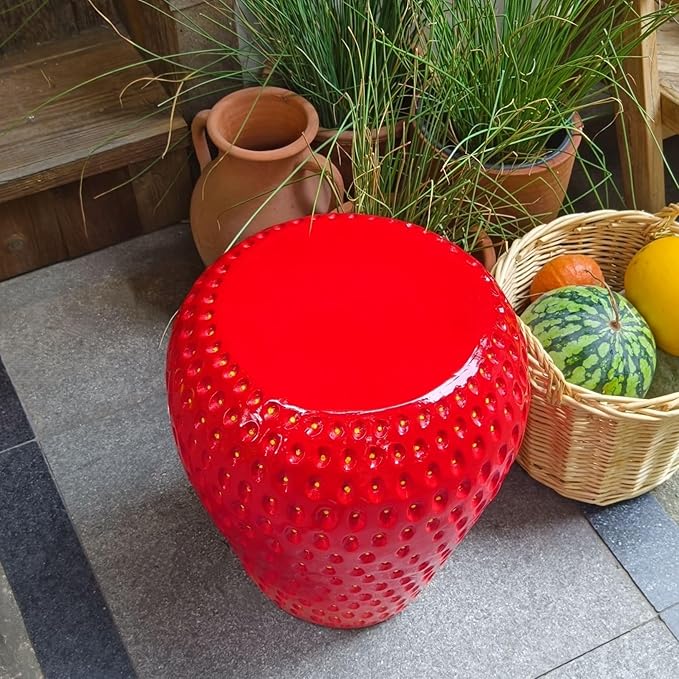 18" Red Strawberry Stool Statue Fruit-Inspired Side Table Indoor Outdoor Accent Seat Plant Stand MGO Garden Stool for Patio Balcony or Living Room Decor