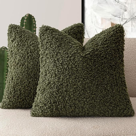 Foindtower 2 Pieces 22x22 Inch Olive Green, Faux Fur Throw Pillow Cover Accent Sherpa Furry Pillow Covers Fuzzy Soft Pillowcases Cozy Sheepskin Decorative Fleece Cushion Case for Bed Couch Living Room