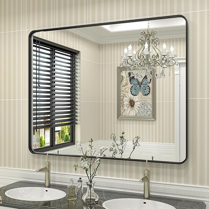 40x32 Black Bathroom Mirror, Matte Framed Bathroom Vanity Mirror for Wall, Modern Rectangle Mirror, Rounded Corners, Tempered Glass (Horizontally/Vertically)