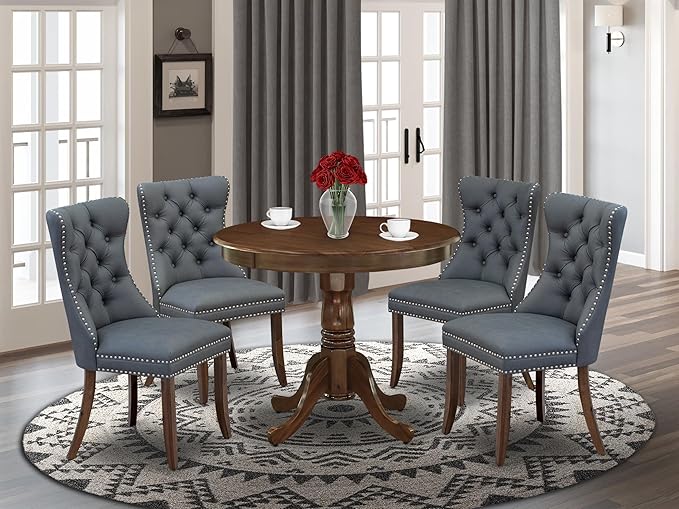 East West Furniture ANDA5-AWA-13 5 Piece Kitchen Table & Chairs Set Contains a Round Dining Table with Pedestal and 4 Polyester Fabric Parson Chairs, 36x36 Inch, Antique Walnut
