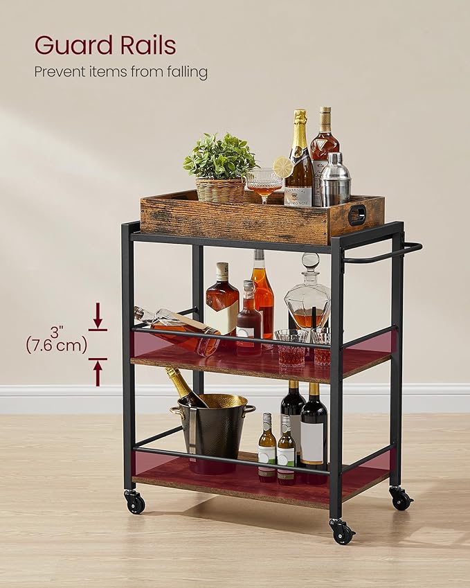VASAGLE Kitchen Serving Cart with Removable Tray, 3-Tier Kitchen Utility Cart on Wheels with Storage, with Brakes, Leveling Feet, 15.7 x 28.3 x 33.9 Inches, Rustic Brown and Black ULRC72X