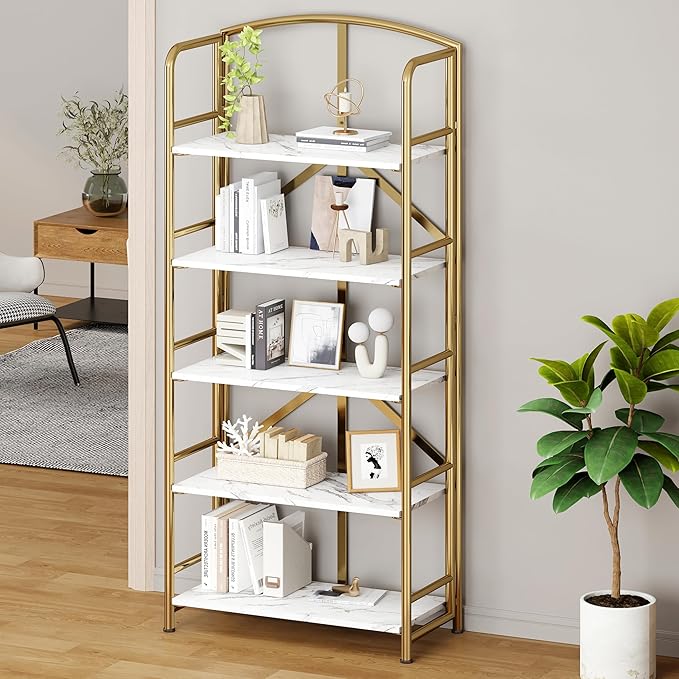 No-Assembly Folding Gold Bookshelf Storage Shelves 5 Tiers Vintage Multifunctional Plant Flower Stand Storage Rack Shelves Bookcase for Home Office