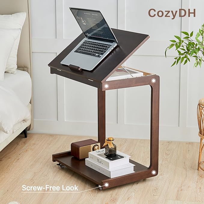 CozyDH Adjustable C Shaped End Table, Rolling Side Table Solid Wood TV Sofa Tray Table for Couch Arm Eating Multi-Purpose, Small Coffee Table with Wheels Living Room Bedroom, Dark Walnut