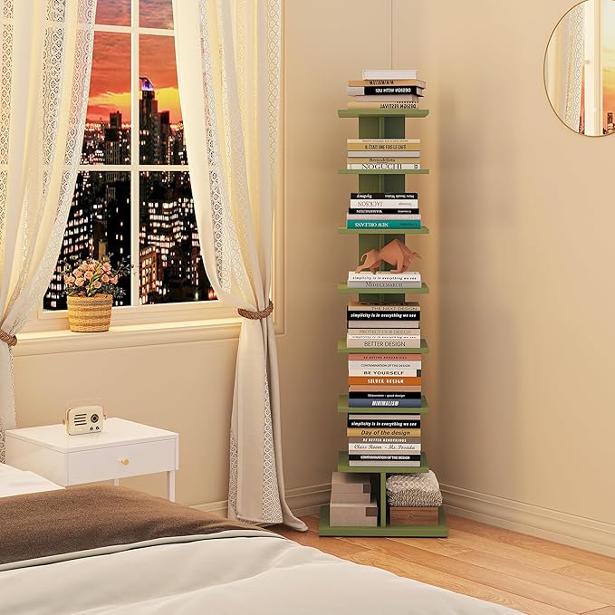 TUTOTAK Bookshelf, 8-Tier Bookcase, Narrow Spine Book Shelf for Small Space, Corner Standing Shelf for Living Room, Office, Study, Entryway, Olive Green BS06BOG008