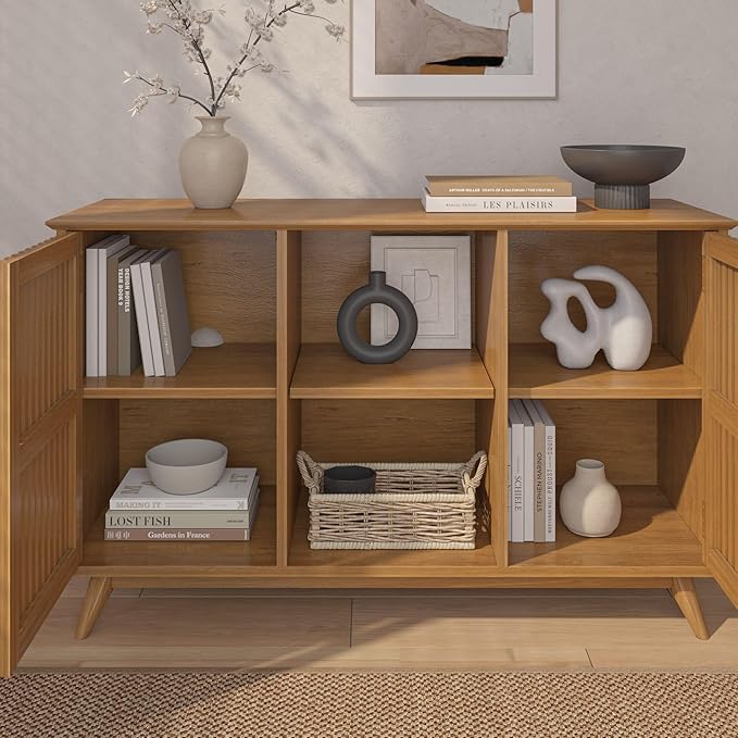 Plank+Beam Mid-Century Modern Wood TV Stand, Solid Wood Entertainment Console with Storage, 49" L x 16" W x 30" H, Pecan