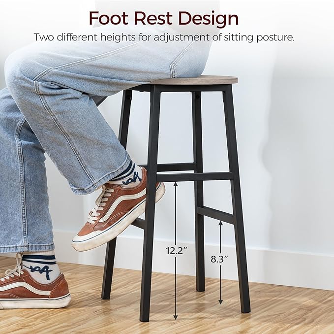 Bar Stools, Set of 2 Round Bar Chairs with Footrest, 24.4 Inch Kitchen Breakfast Bar Chairs, Industrial Bar Stools, Easy Assembly, for Dining Room, Kitchen, Greige BAHG0201Z