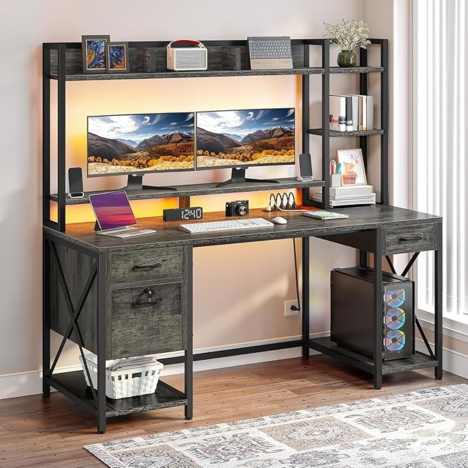 DWVO Computer Desk with Drawers & Hutch, 59.1" Office Desk with Power Outlets & LED Lights, Home Office Desk with Storage Shelves, Grey