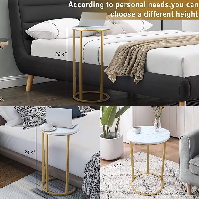 Serteaw C-Shaped End Table, Sturdy Side Table for Couch Sofa Bedside Small Space,C Snack Table TV Tray Record Player Stand Small Tables for Living Room Bedroom,Easy to Assemble,Gold
