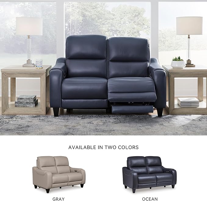 Signature Design by Ashley Mercomatic Contemporary Leather Match Wall Hugger Power Reclining Loveseat with Adjustable Headrest and USB Ports, Blue