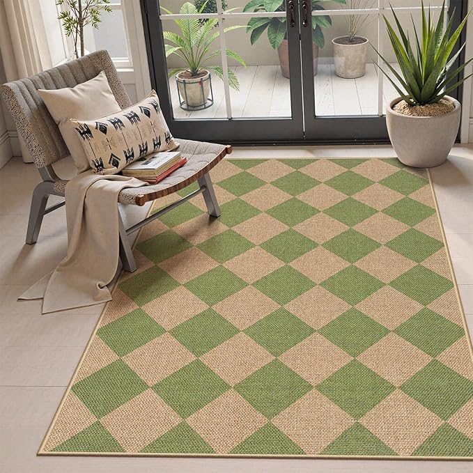 Lahome Green Checkered Easy Jute Rug, 3x5 Washable Outdoor Rug Neutral Rug for Entryway, Checkerboard Non Slip Non Shedding Floor Carpet for Living Room Front Door Porch